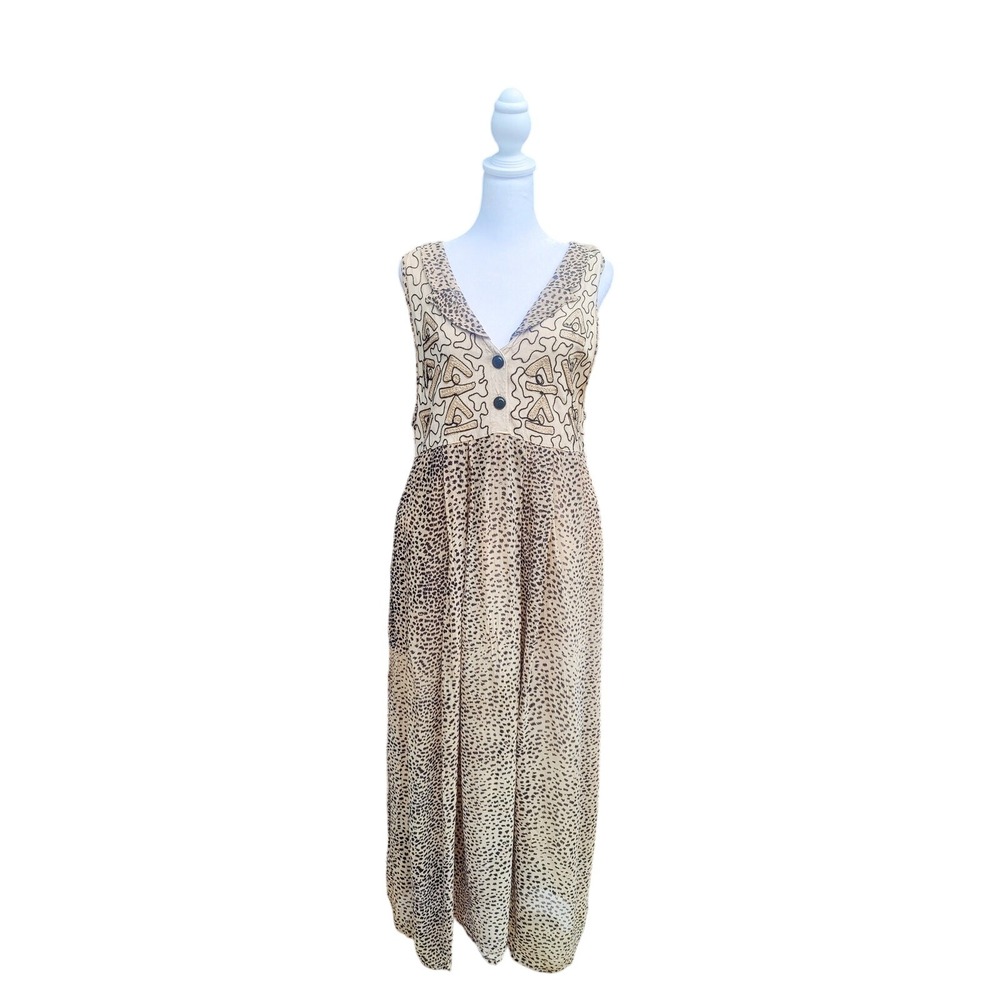 Vintage Boho Maxi Dress Leopard Print Geometric Embroidered Bodice Sleeveless S